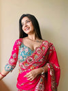 Elegant Cherry Red Rangoli Silk Saree - Real Mirror Work & Cutwork Border