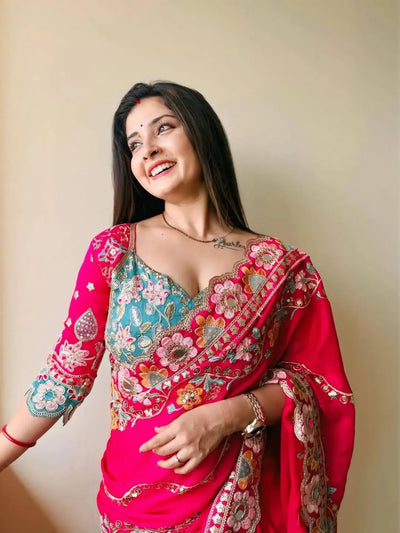 Elegant Cherry Red Rangoli Silk Saree - Real Mirror Work & Cutwork Border