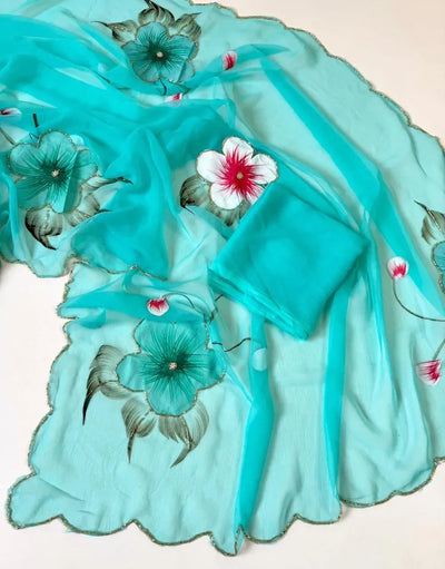 Elegant Chiffon Floral Brush Print Saree - Handwork & Cutwork Border for Festive Wear