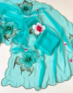 Elegant Chiffon Floral Brush Print Saree - Handwork & Cutwork Border for Festive Wear