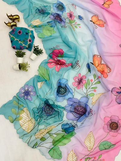 Elegant Chiffon Floral Saree - Handwork Digital Print for Women | Party Wear