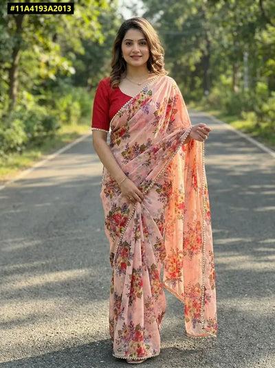 Premium Floral Chiffon Saree with Handcrafted Moti Lace Border for Spring Festive Wear