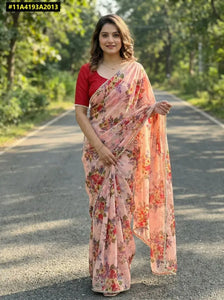 Premium Floral Chiffon Saree with Handcrafted Moti Lace Border for Spring Festive Wear
