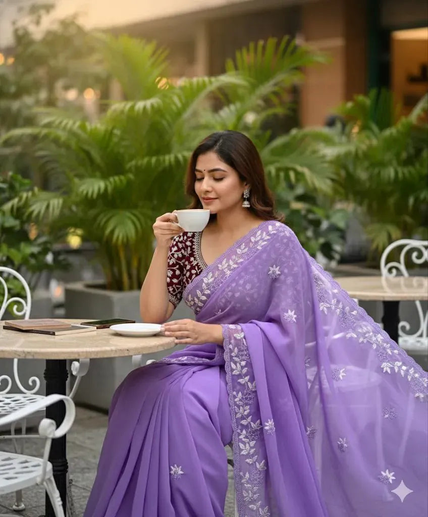 Premium Embroidered Chiffon Saree with Exquisite Border Panel Work
