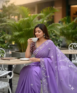 Elegant Chiffon Saree - Embroidered Panel Work for Festive & Party Wear