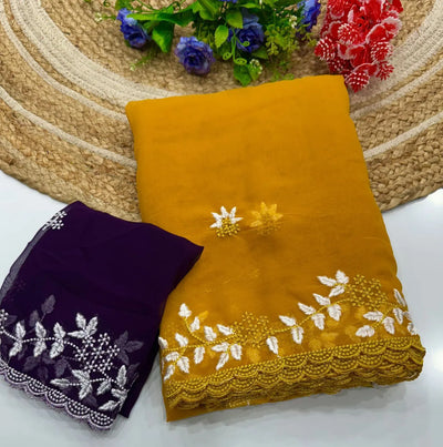 Elegant Chiffon Saree - Embroidered Panel Work for Festive & Party Wear