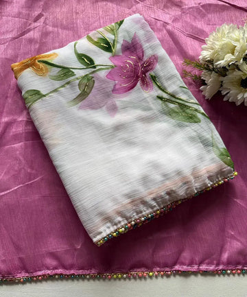 Elegant Chiffon Saree - Floral Handbrush & Moti Lace for Parties