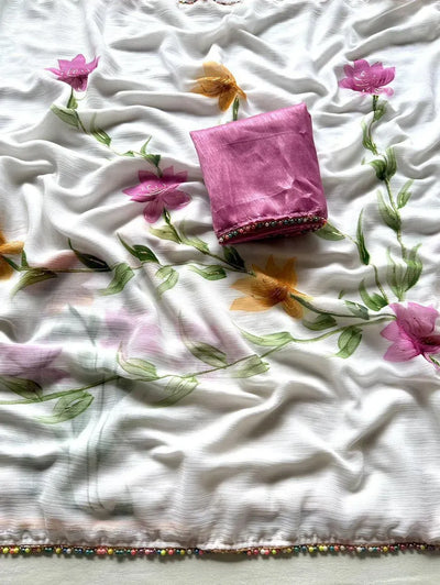 Elegant Chiffon Saree - Floral Handbrush & Moti Lace for Parties