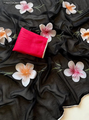 Elegant Chiffon Saree - Floral Print & Pearl Lace for Parties