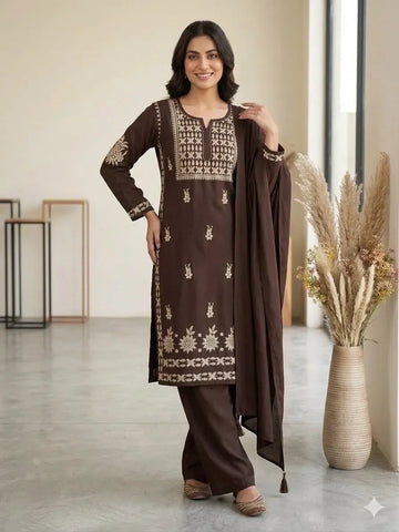 Elegant Chikankari Embroidered Rayon Kurti Palazzo Set with Dupatta - Festive Raksha Bandhan Wear