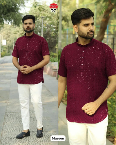 Elegant Chikankari Short Kurta - Rayon Festive Wear for Men