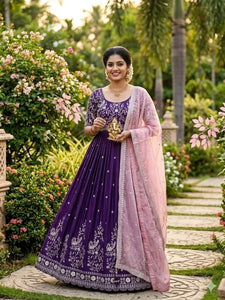 Elegant Chinnon Silk Anarkali Gown - Premium Festive Wear with Embroidery Dupatta Set