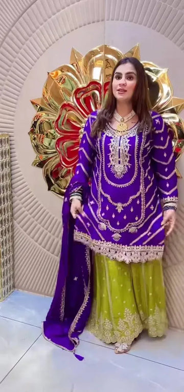 Elegant Chinnon Silk Sharara Set - Heavy Embroidery for Parties