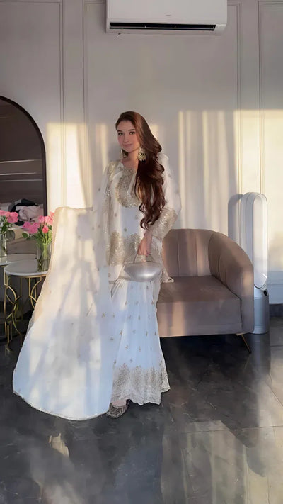 Elegant Chinnon Silk Sharara Set - Heavy Embroidery & Sequence Work