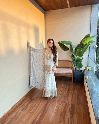 Elegant Chinnon Silk Sharara Set - Heavy Embroidery & Sequence Work