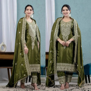 Elegant Chinnon Silk Suit - Heavy Embroidery for Festive Party Wear
