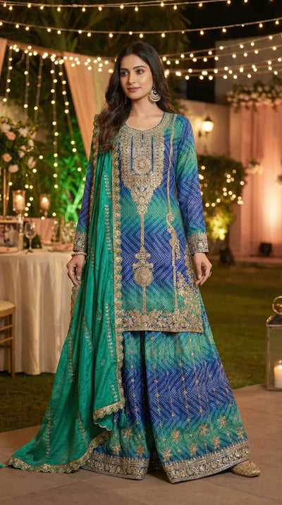 Elegant Chinnon Silk Suit Set - Embroidered Festive Wear for Women