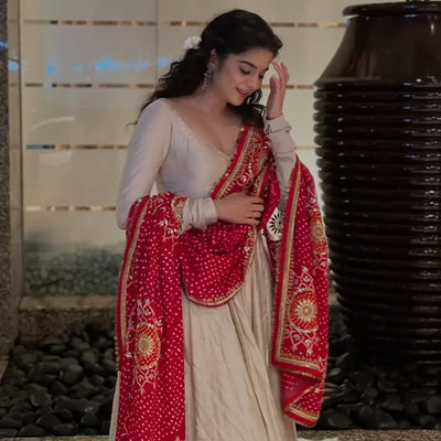 Elegant Chinon Anarkali Gown with Printed Bandhni Dupatta