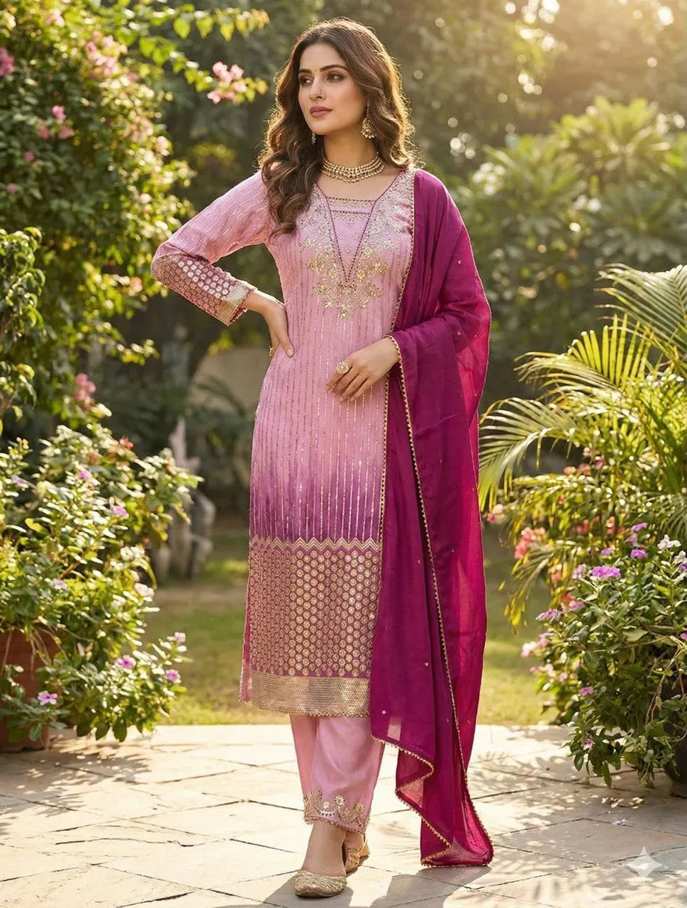 Woman in lavender and purple ombre Chinon embroidered salwar suit with matching dupatta in a garden setting
