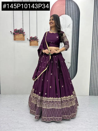 Premium Royal Purple Chinon Lehenga Choli - Fully Stitched Festive Wear
