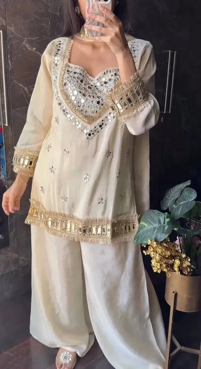 Elegant Chinon Plazo Set - Real Mirror Work for Festive & Party Wear