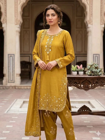Elegant Chinon Sequence Suit Set - Embroidered Three-Piece for Festive Occasions