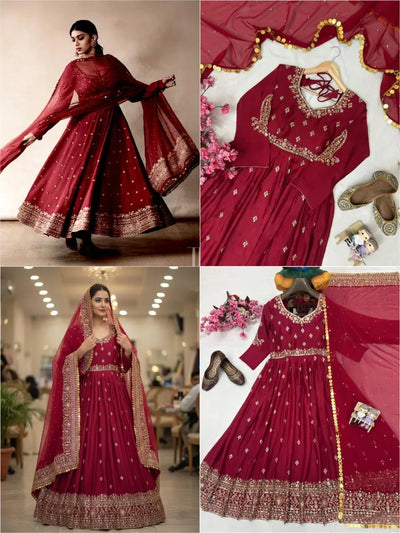 Elegant Chinon Silk Gown Set - Sequins Embroidery for Party Wear