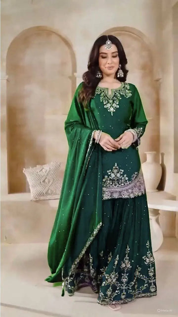 Elegant Chinon Silk Palazzo Suit with Heavy Embroidery - Festive Collection for Women
