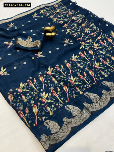 Elegant Chinon Silk Saree - Beautiful Prints & Zari Weaving for Festive Wear