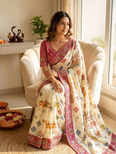 Elegant Chinon Silk Saree - Designer Festive Wear with Embroidered Blouse