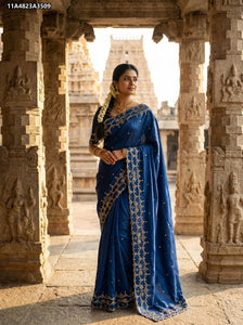 Elegant Chinon Silk Saree - Embroidered Cutwork for Festive Wear