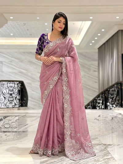 Elegant Chinon Silk Saree - Embroidered Wedding Collection