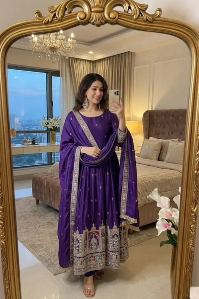 Elegant Cinon Silk Gown Set - Heavy Embroidery for Party Wear