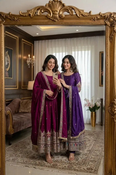 Elegant Cinon Silk Gown Set - Heavy Embroidery for Party Wear
