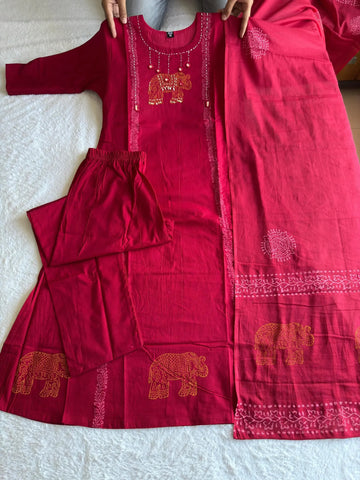 Elegant Cotton A-Line Kurti Set - Mirror Work Festive Wear