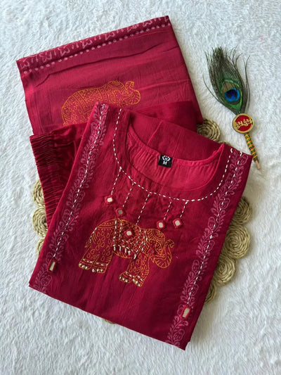 Elegant Cotton A-Line Kurti Set - Mirror Work Festive Wear