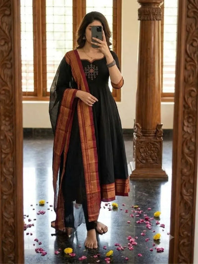Elegant Cotton Anarkali Kurta Set with Jacquard Zari Border for Women