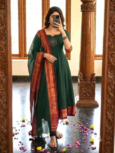 Elegant Cotton Anarkali Kurta Set with Jacquard Zari Border for Women