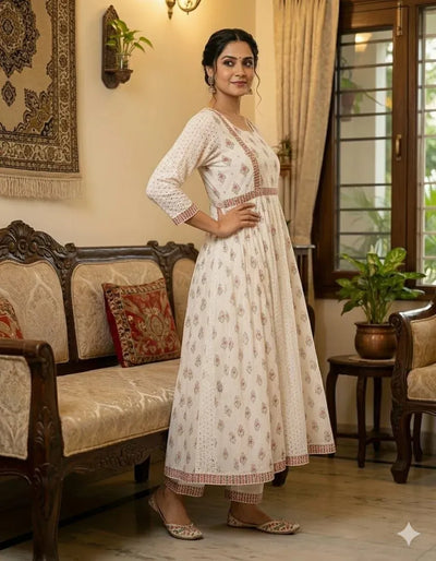 Elegant Cotton Anarkali Kurti Set - Handcrafted Chikankari & Mirror Work for Festive Wear