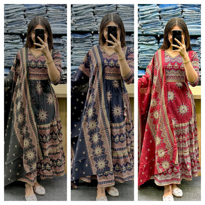 Elegant Cotton Anarkali Suit Set - Flowy Printed Festive Wear for Women