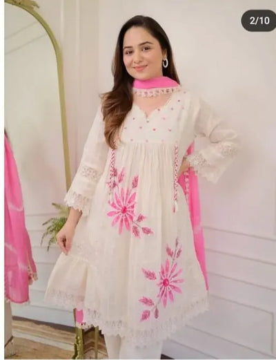 Elegant Cotton Lino Kurti Set - Hand Mirror Work for Women