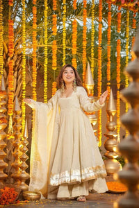 Elegant Cream Chinnon Kurti Set - Foil Work Palazzo for Women
