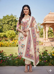Elegant Cream Chinon Designer Suit - Glamorous Embroidery for Festive Occasions