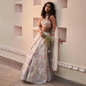 Elegant Cream Georgette Sequin Lehenga - Thread Work for Wedding Occasions