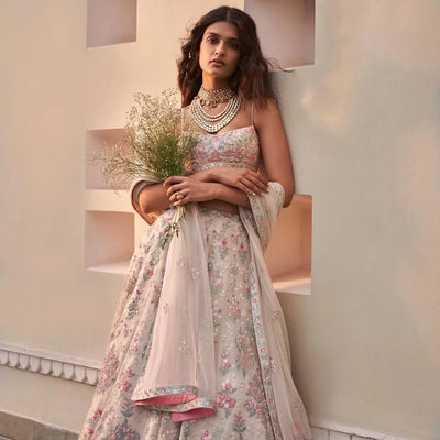 Elegant Cream Georgette Sequin Lehenga - Thread Work for Wedding Occasions