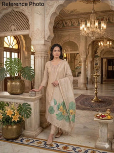 Elegant Cream Kurti Set - Hand-Embroidered Chanderi Dupatta for Women