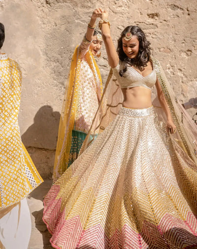 Elegant Cream Lehenga Choli - Mirror Work for Wedding Wear