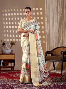 Elegant Cream Lichi Silk Saree with Traditional Village Art for Festive Wear