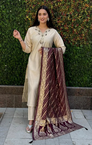 Elegant Cream Silk Salwar Suit with Jacquard Dupatta - Festive Wear for Women