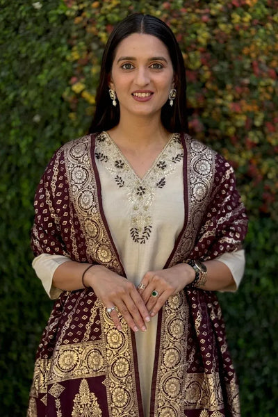 Elegant Cream Silk Salwar Suit with Jacquard Dupatta - Festive Wear for Women